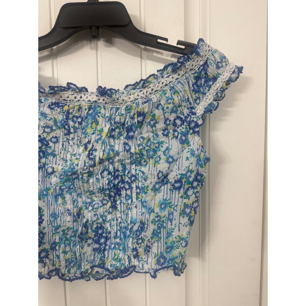 Poupette St Barth Blue Floral Off Shoulder Crop Top Button Front Lace Trim Small - Picture 8 of 8